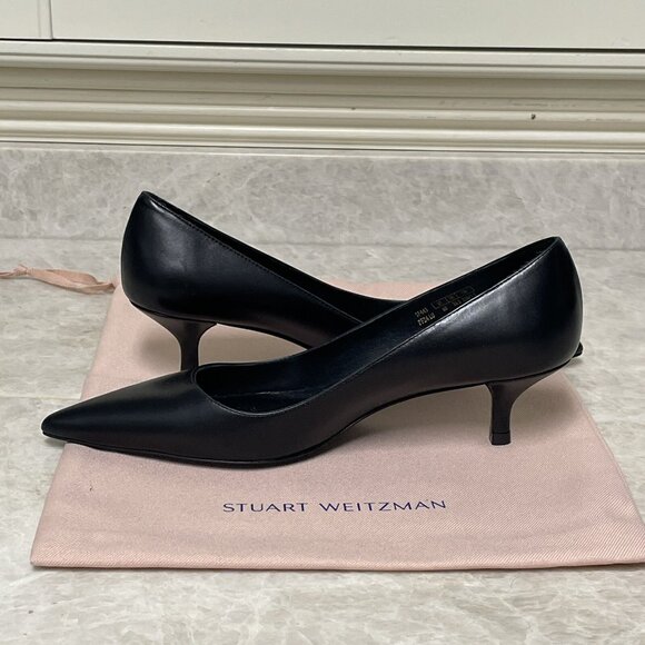 Stuart Weitzman Kitten Heels Pumps 6B Black Smooth Leather Pointed Toe Shoes - Picture 8 of 14